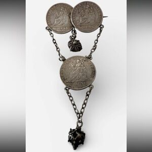 ANTIQUE 1897 GUATEMALAN 3 SILVER COINS 1 REAL DANGLING PIN .835 SILVER